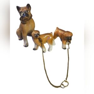 Vintage Porcelain Boxer With Two Pups On Chain Japan Collar Is Damaged